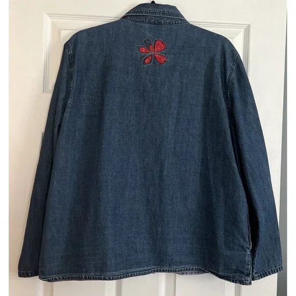 VTG Bobbie Brooks Womans XL Denim Flower Patch Embroidery Button Shirt Jacket - Picture 9 of 14